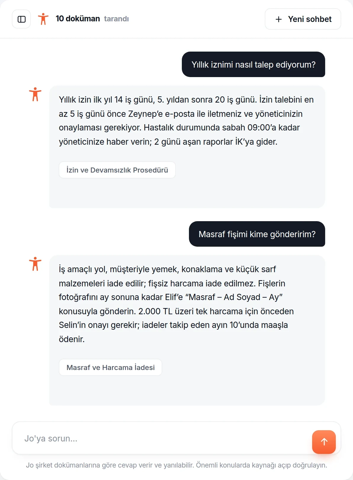 Jo AI sohbeti: yıllık izin ve masraf sorularına şirket dokümanından, kaynağıyla cevap